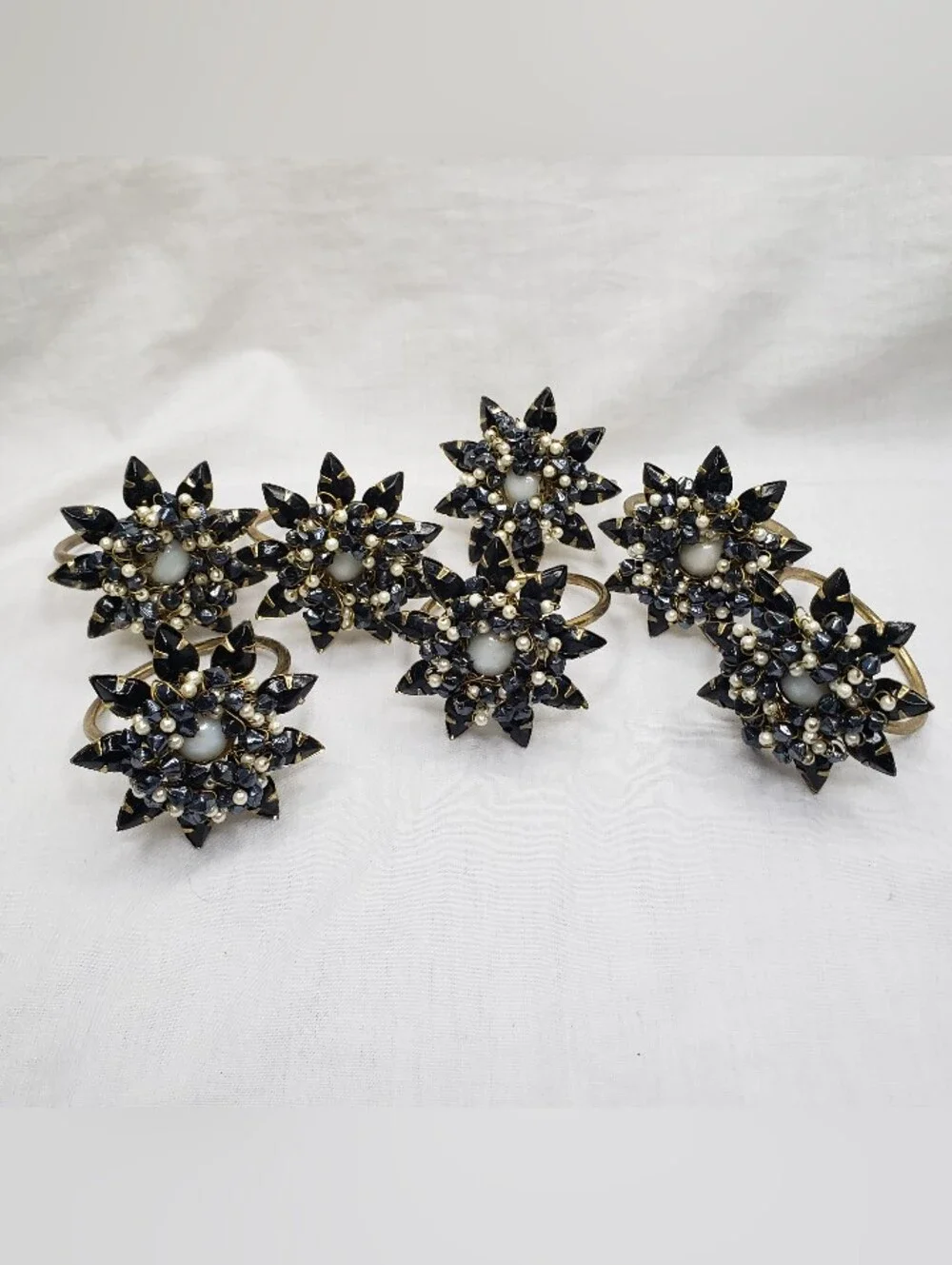 Seven Vintage Bombay Company Jeweled Black Pearl Starburst Floral Napkin Holders